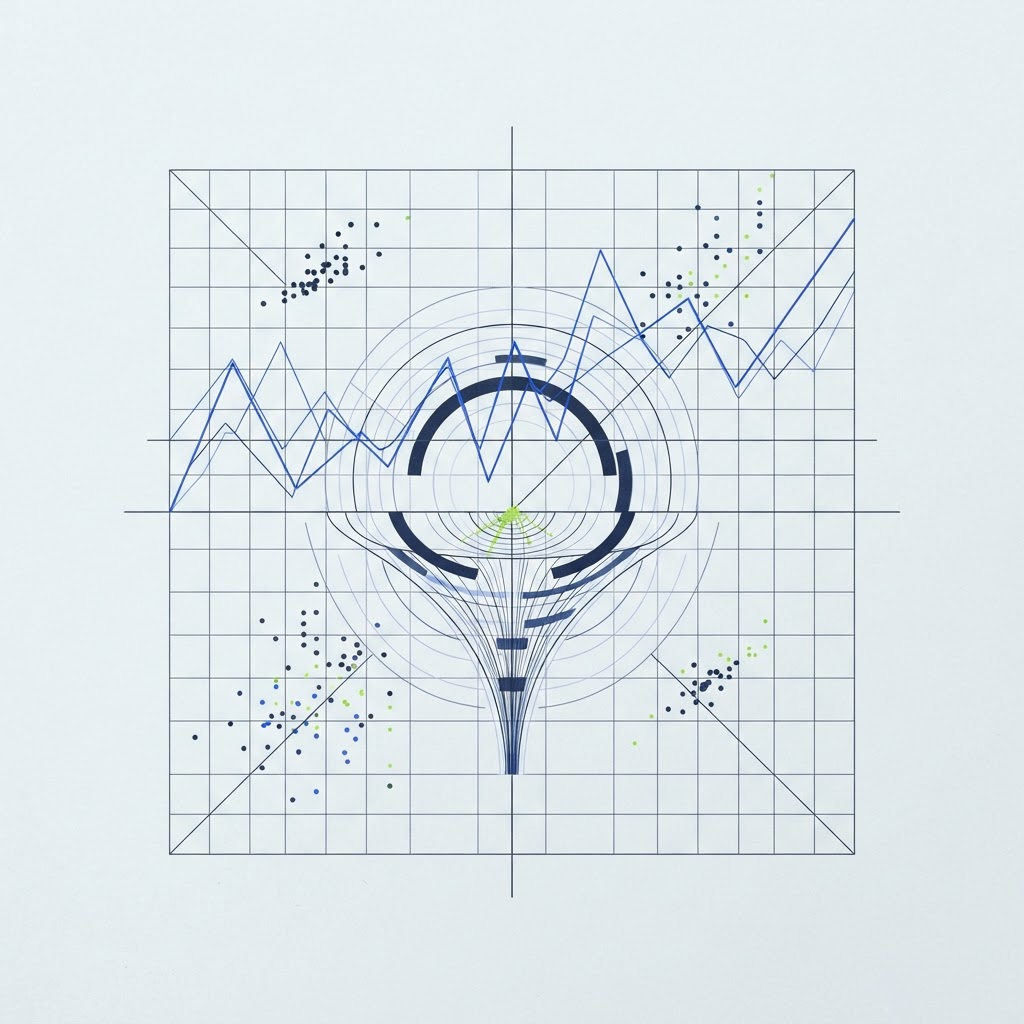 Abstract marketing analytics data visualization with line graphs, scatter plots and an attribution funnel